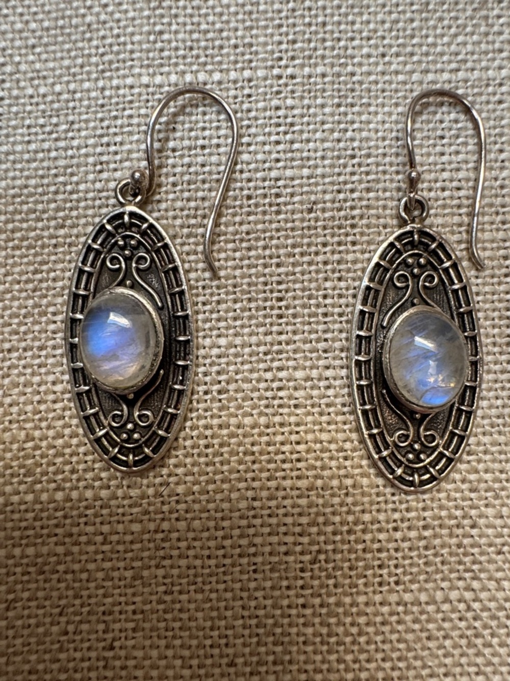 Oval Sterling Silver Filigree Dangle Earrings with Moonstone Cartouch Center